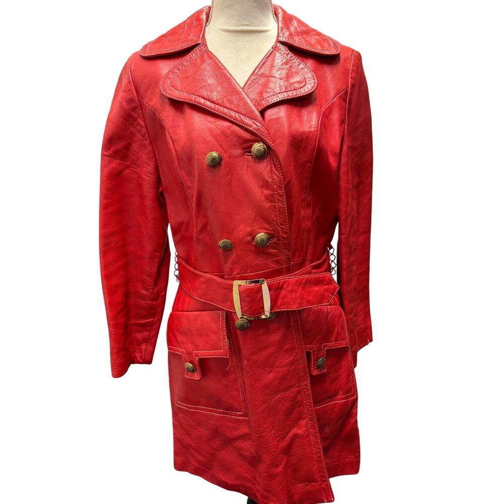 Vintage Red Double-Breasted Leather Trench Size 12